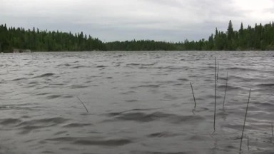 Cloudy Day on Lake as Waves Ripple into Shore