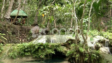 (Seamless Looping) Native Hut Besides Waterfall