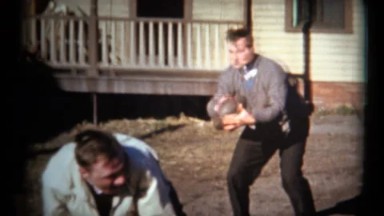 (1950's 8mm Vintage) Guys Playing Football in Front Yard in Dress Clothes