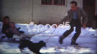 (8mm Film) 1952 Winter Dad Pulling Kids Around Sled