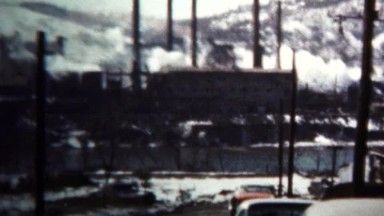 (8mm Vintage) 1956 Factory Smokestack Pollution Industry West Virginia, USA.