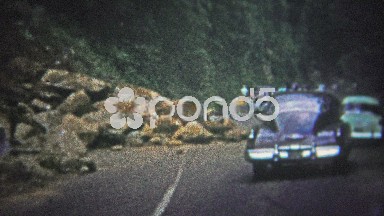 Tennessee, USA - 1952: Rock Slide Blocks Traffic on Mountain Road