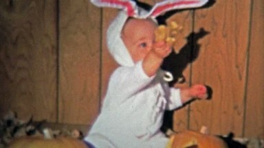Dallas, Tx (1971): Baby dressed up as bunny for Halloween with Jackolantern