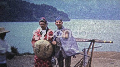 Okayama, JAPAN 1972: Western Tourists Dressing Up in Ancient Japanese Royalty