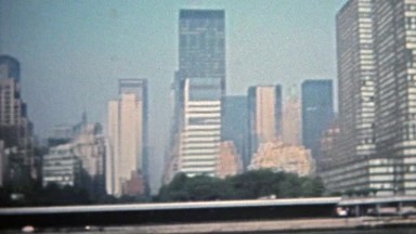 New York City (1975): Skyline of Manhattan high rise skyscrapers from the Hudson