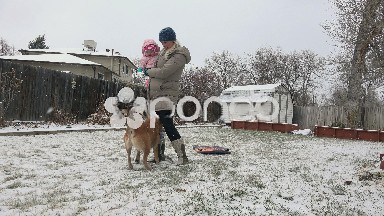 Mom holding baby playing with dog in snowing fenced in residential property.