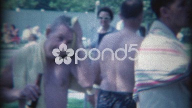 1965: Beer Drinking Summer Adult Picnic Poolside Man Tight Swim Trunks. Tampa,