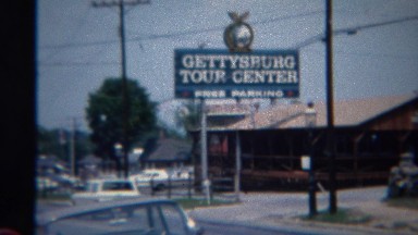 1968: Gettysburg Tour Center and famous address speech sign. GETTYSBURG, PENN.