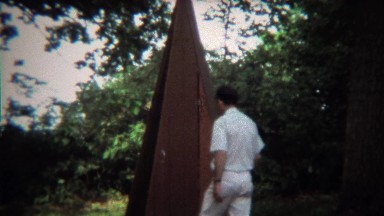 1973: A-frame construction style outdoor outhouse bathroom toilet.