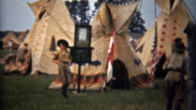 1945: Boy Scouts Exploring Indian Teepee Village Exhibit Display
