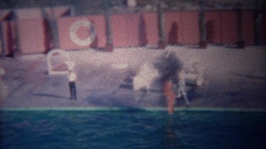 1955: Trained dolphin jumping thru flaming hoop of fire in pool.