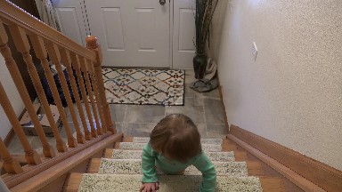 Toddler crawling down staircase backwards to front door.