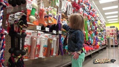 Denver, Colorado, United States: Toddler Price Shopping Dog Play Toys at Big Box Pet Store.
