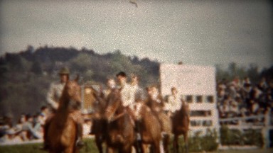 1944: Equestrian horse riding expo wealthy patrons show off.