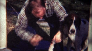1947: First aid on wounded dog leg by balding flannel shirt man.