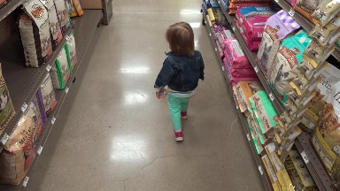 Following jean jacket toddler at pet store thru dry dog food aisle. DENVER,
