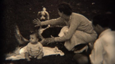 1936: Mom Blocking Protecting Baby from Fighting Dogs Outdoor Picnic. Tryon, NC