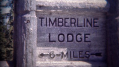 1946: Timberline lodge hotel travel center sign and epic building. MT HOOD,