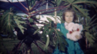 1947: Young girl at family papaya tree in backyard.