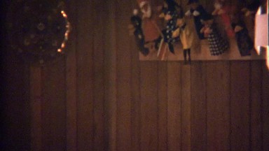 1972: Hand puppet collection hung in wood paneled room.