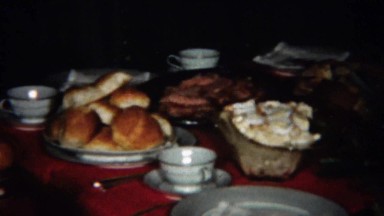 1959: Christmas Holiday Dinner Food Spread on Buffet Table.