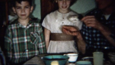 1959: Dad gives daughter big mashed potatoes spoon as joke.