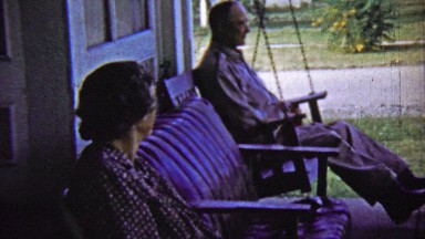 1959: Old Married Couple Rocking Porch Swing Chair No Smiles Allowed