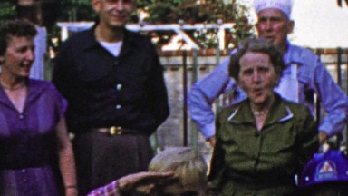 1964: Family BBQ kids clowning soldier marching saluting nationalism.