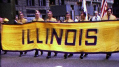 1960: Illinois state parade banner sign boy scouts marching.