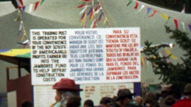 1967: Trading post multilanguage sign 2th World Scout Jamboree.