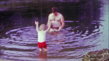 1967: Fun Hairy Soft Dad Playing With Kids In Dirty Pond Water.