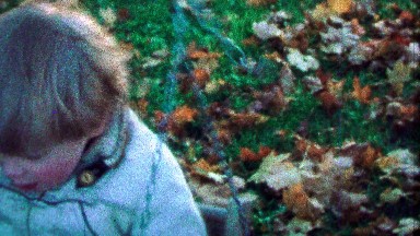 1967: Cute bowl haircut boy swingset autumn fallen leaf backyard.