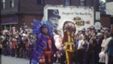 1954: Native American traditional ceremonial dress festive parade.