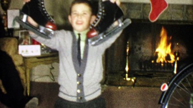 1963: Boy gets black winter ice skates for holiday Christmas gift.