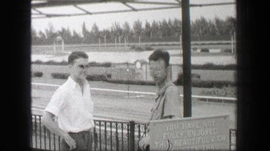 1938: Hialeah Park horse racetrack brothers visit historic park. HIALEAH,