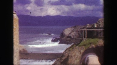 1939: Cliff house sutro baths ocean waves crashing on seal rocks beach. SAN