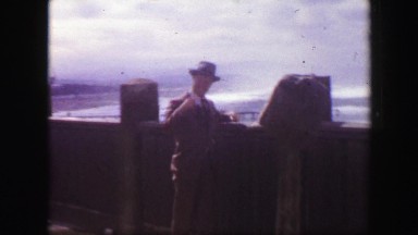 1939: Cliff house sutro baths Pacific ocean beach fedora hat man tourist. SAN
