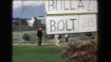 1969: Golf tournament Boros Bulla Bolt players scoreboard fairway walking.