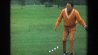 1969: Golfing Trick Shot Professional Performance Man Hitting Balls on Tall Tees