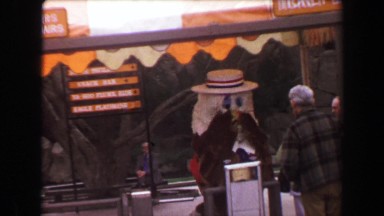 1970: Busch Gardens cartoon character furry mascot greeting visitors upon entry.