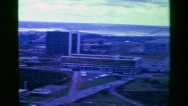 1977: Downtown south american city urban skyscraper view from above. BRASILIA,