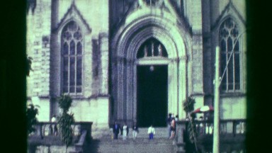 1977: Catholic community festival outside gothic church in Rio de Janeiro