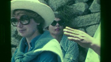 1977: Tour guide Machu Picchu native Inca civilization explaining situation.