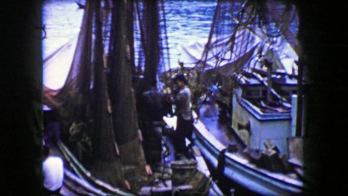 1944: Women 1st Mate Mending Fishing Nets on Small Shrimping Boats