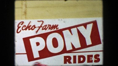 1956: Echo Farm kids pony ride boys ride horses around circle path track.
