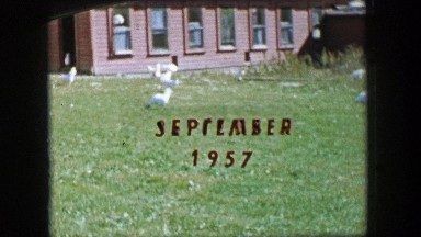 September 1957 introduction title frame chickens roaming around house.
