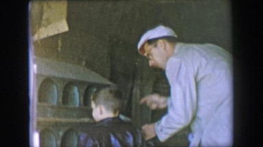 1957: Dad boy harvest fresh egg from chicken coop bird living quarters.