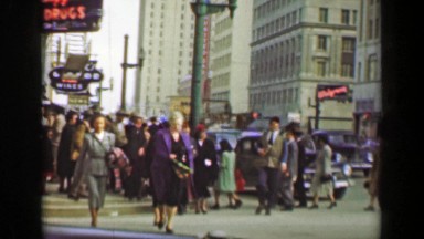 1949: Neon Business Street Signs Crowded Urban Sidewalk Pedestrian Traffic