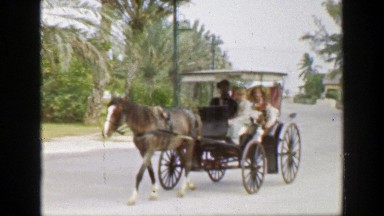 1953: Wealthy Mother and Son Horse-Drawn Carriage Ride Across Palm Tree-Laden Street in Havana, Cuba