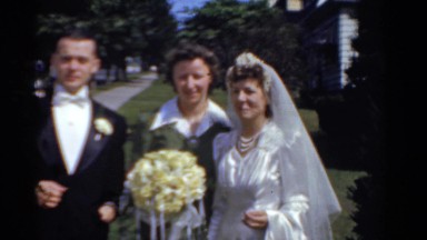 1943: wedding video with the bride, groom, mother of groom and maid of honor